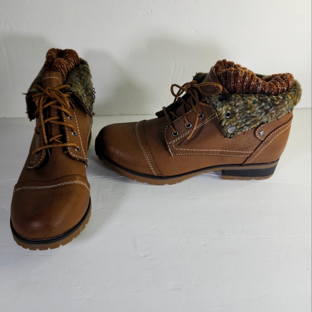 Moda Chics Brown Faux Leather Knit Trim  Combat Ankle Boots Booties S 8M NWOB